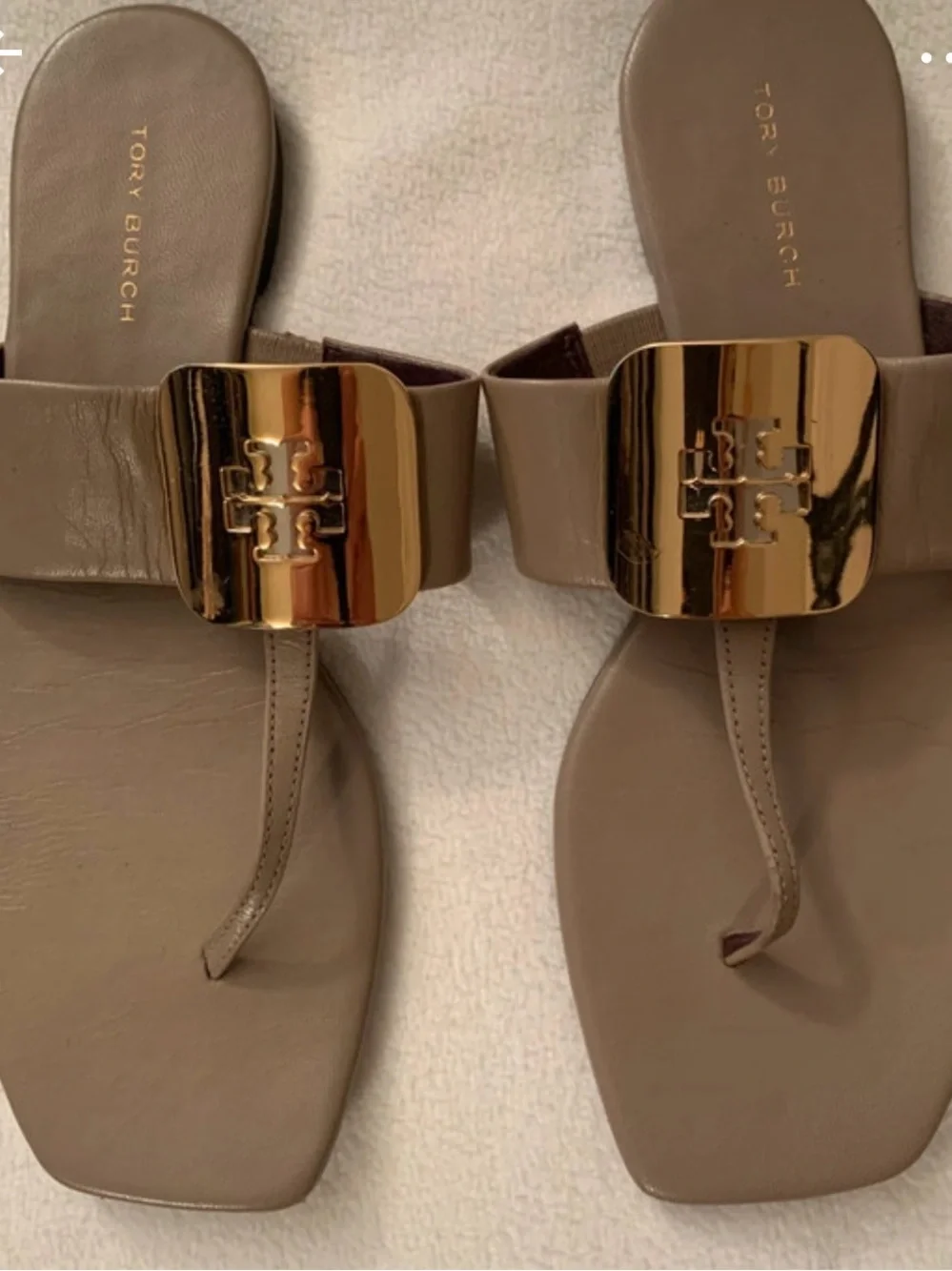 Tory Burch Taupe Leather Thong Sandals with Gold Logo Plaque